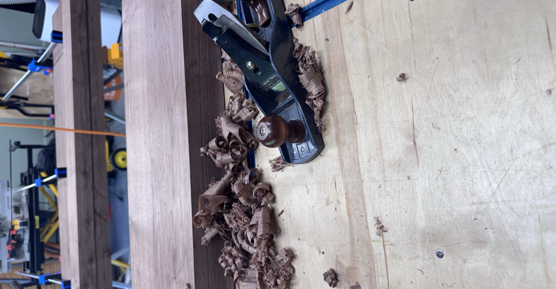 Joinery piece with draw-bore pins on sawhorses in the Wood Sugar workshop